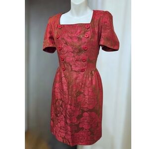 Vintage Albert Nipon Linen Brocade Dress Puffed Sleeves Floral Red
